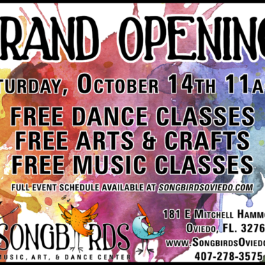 Grand Opening flyer grand opening for songbirds music, art, & dance center